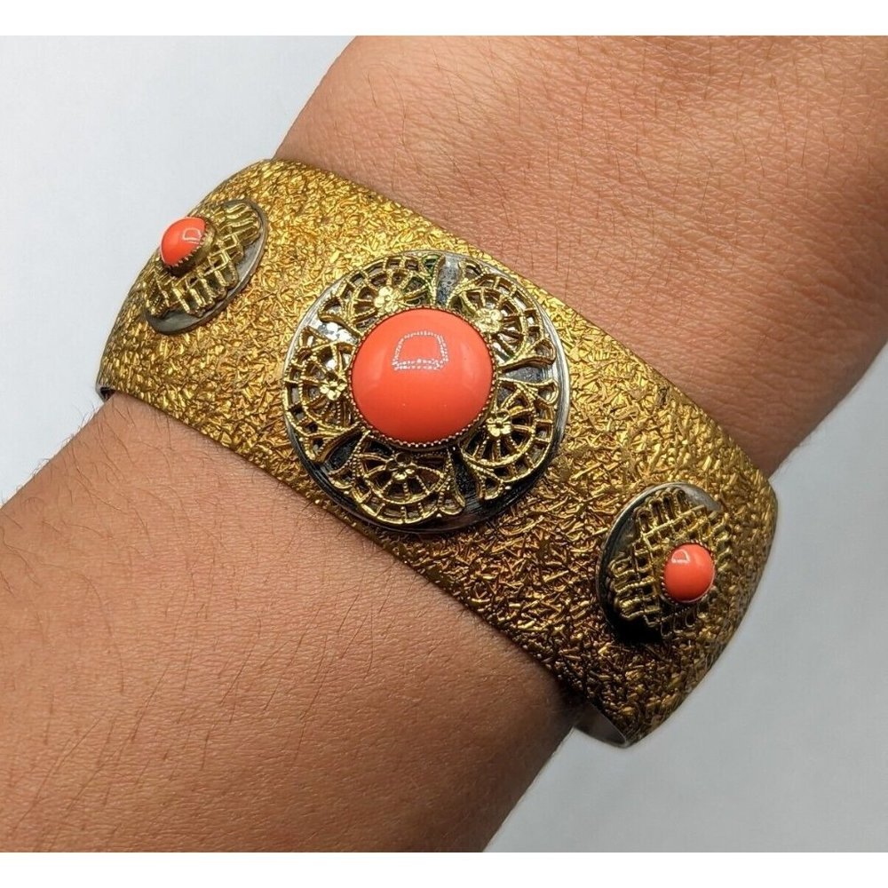 Vintage Textured Gold Tone Metal Filigree Orange Glass Cabochon Cuff Bracelet
